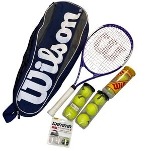 Wilson Triumph Tennis Racquet Kit Purple 4 1/8 Grip Bag Gamma Overgrip 8 Balls